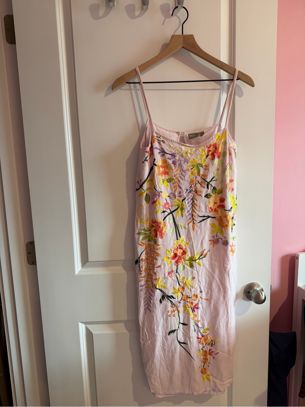 ASOS Pale Pink Midi Slip Dress with Multicolor Floral Embroidery